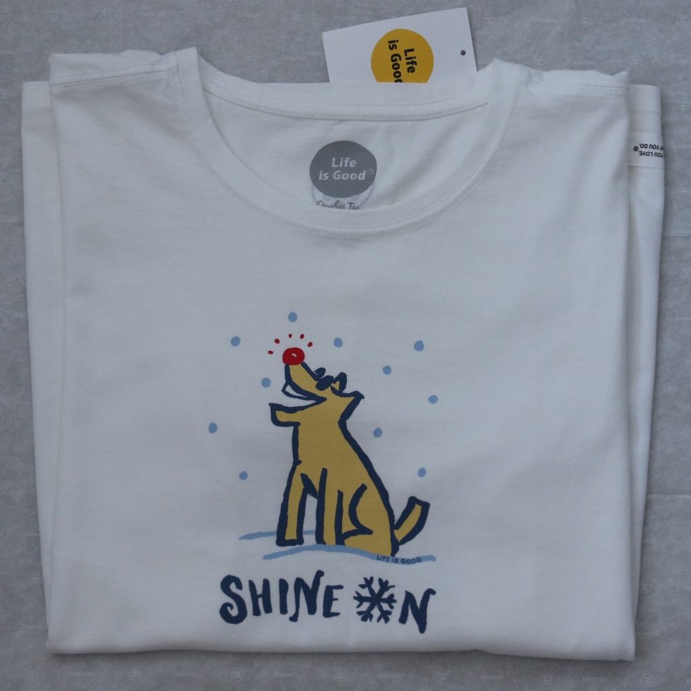 Life is Good Women's Shine On Dog Rocket Crusher Tee T Shirt L Crew Neck White